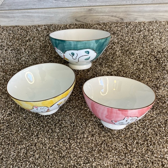 Porcelain Chinese Rice Three Bowl HAPPY FAT CAT THEME 4.5 In - Picture 4 of 6